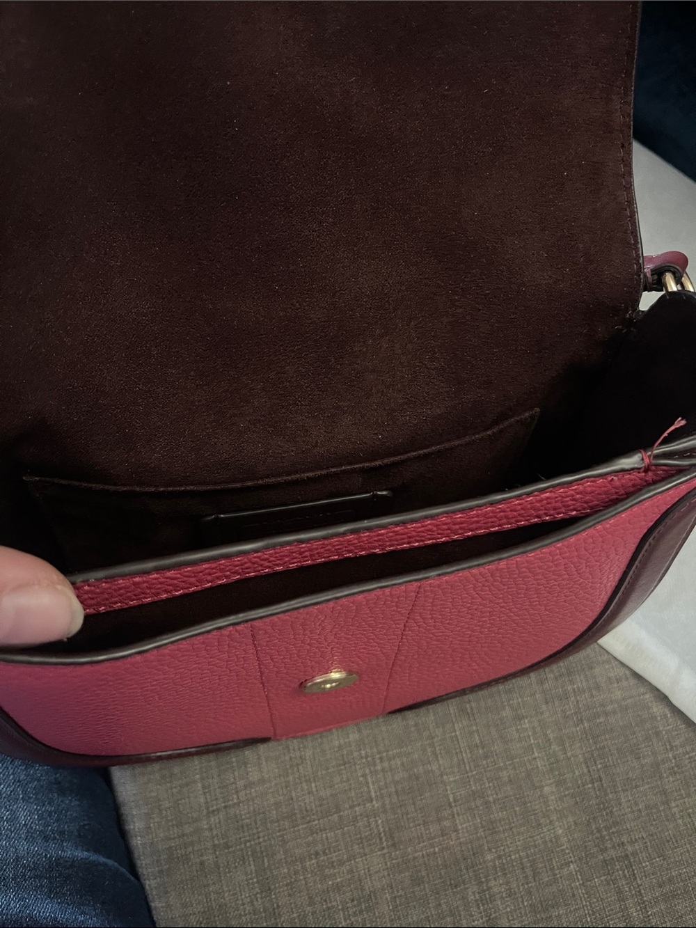 Coach Two-Tone Burgundy & Pink Leather Georgie Saddle Crossbody - Picture 2 of 13